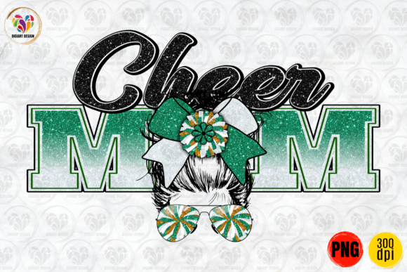 Cheer Mom, Messy Bun, Green White PNG – A Versatile Graphic Design Asset for Crafts and Branding